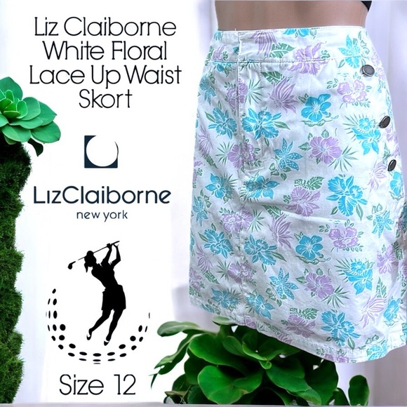 Liz Claiborne Pants - Liz Claiborne White Floral Lace Up Waist Skort